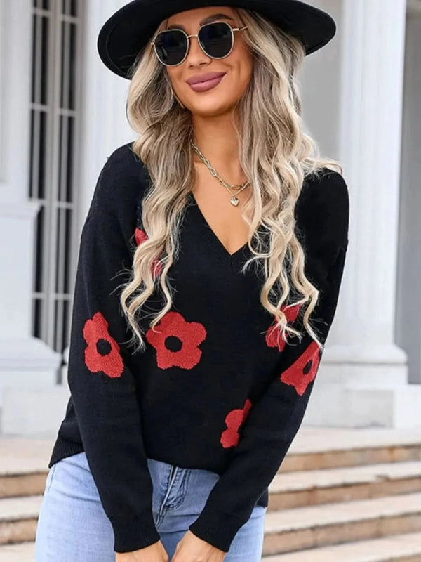 Angel Wings Flower V - Neck Long Sleeve Sweater - ShalayeFashion