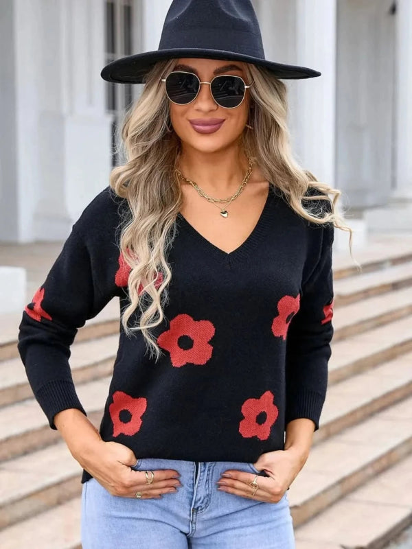 Angel Wings Flower V - Neck Long Sleeve Sweater - ShalayeFashion