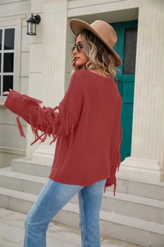 Angel Wings Fringe Round Neck Dropped Shoulder Sweater - ShalayeFashion