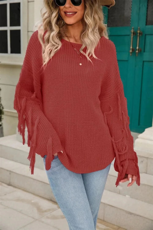 Angel Wings Fringe Round Neck Dropped Shoulder Sweater - ShalayeFashion