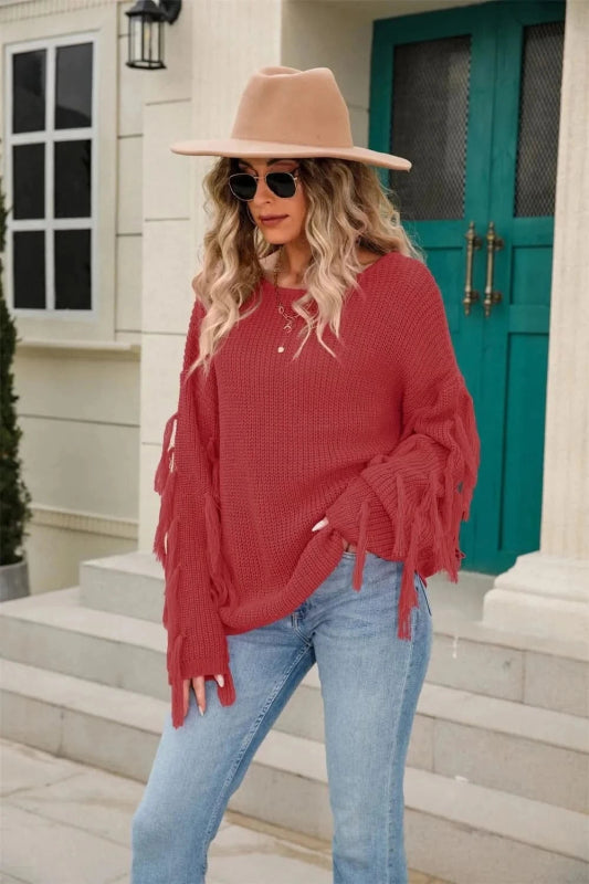 Angel Wings Fringe Round Neck Dropped Shoulder Sweater - ShalayeFashion