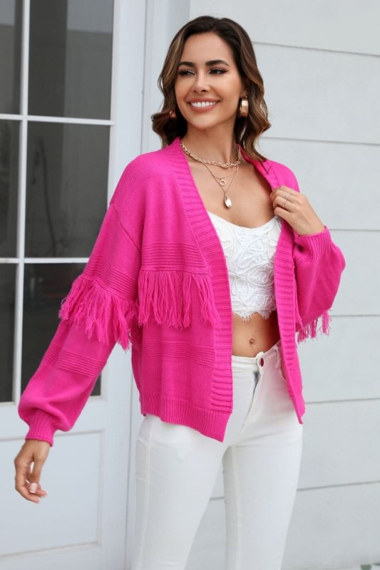 Angel Wings Fringe Trim Open Front Cardigan - ShalayeFashion