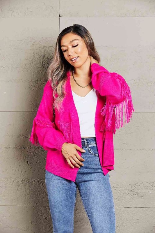 Angel Wings Fringe Trim Open Front Cardigan - ShalayeFashion