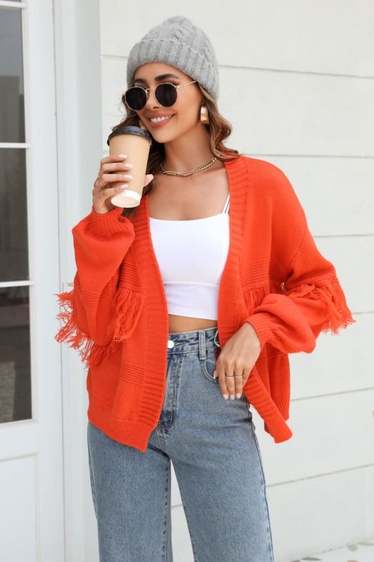 Angel Wings Fringe Trim Open Front Cardigan - ShalayeFashion