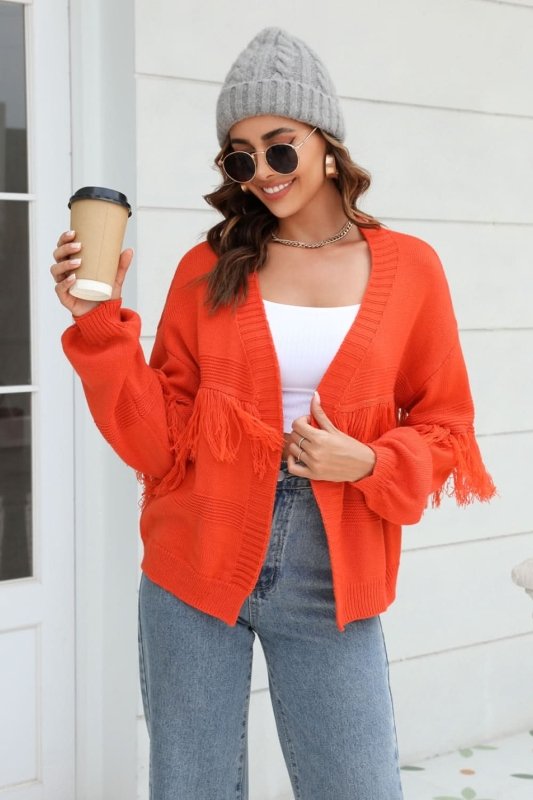 Angel Wings Fringe Trim Open Front Cardigan - ShalayeFashion