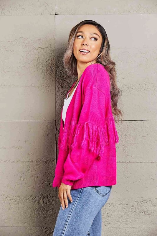 Angel Wings Fringe Trim Open Front Cardigan - ShalayeFashion