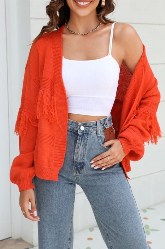 Angel Wings Fringe Trim Open Front Cardigan - ShalayeFashion