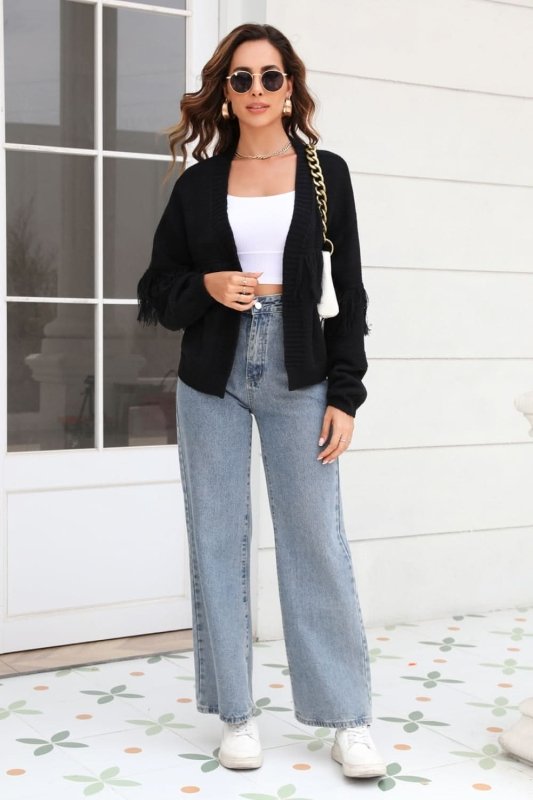 Angel Wings Fringe Trim Open Front Cardigan - ShalayeFashion