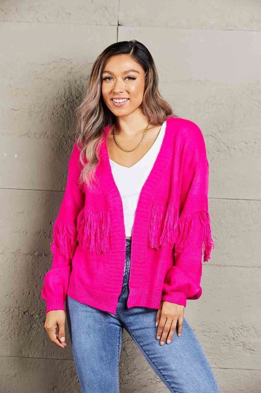 Angel Wings Fringe Trim Open Front Cardigan - ShalayeFashion