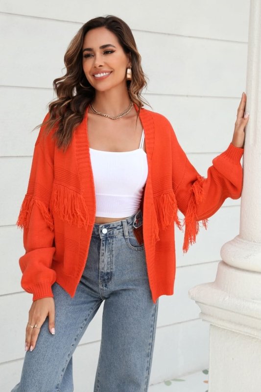Angel Wings Fringe Trim Open Front Cardigan - ShalayeFashion