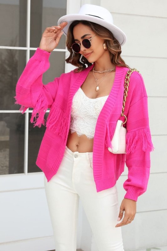 Angel Wings Fringe Trim Open Front Cardigan - ShalayeFashion