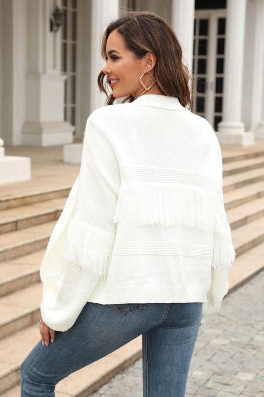 Angel Wings Fringe Trim Open Front Cardigan - ShalayeFashion