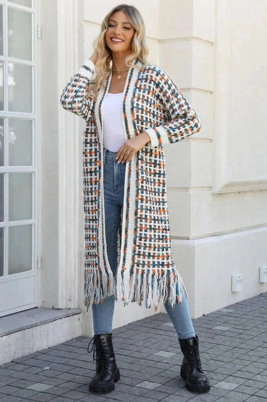 Angel Wings Full Size Multicolored Open Front Fringe Hem Cardigan - ShalayeFashion