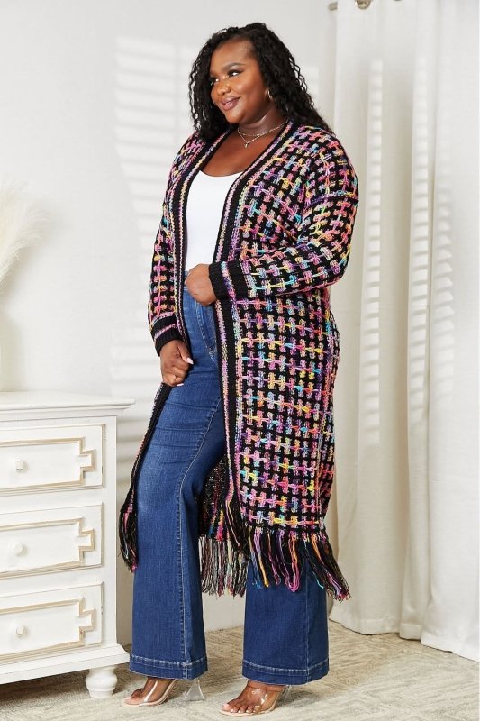 Angel Wings Full Size Multicolored Open Front Fringe Hem Cardigan - ShalayeFashion