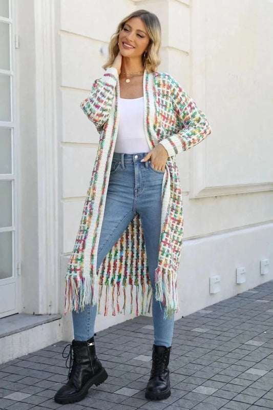 Angel Wings Full Size Multicolored Open Front Fringe Hem Cardigan - ShalayeFashion