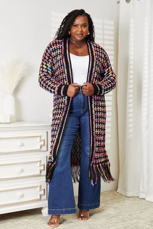 Angel Wings Full Size Multicolored Open Front Fringe Hem Cardigan - ShalayeFashion