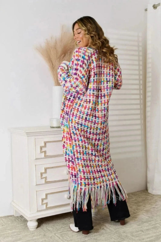 Angel Wings Full Size Multicolored Open Front Fringe Hem Cardigan - ShalayeFashion