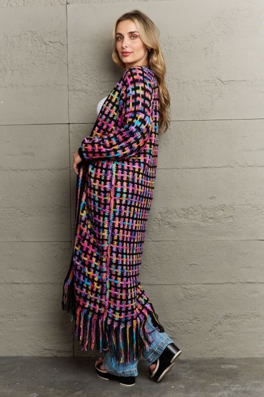 Angel Wings Full Size Multicolored Open Front Fringe Hem Cardigan - ShalayeFashion