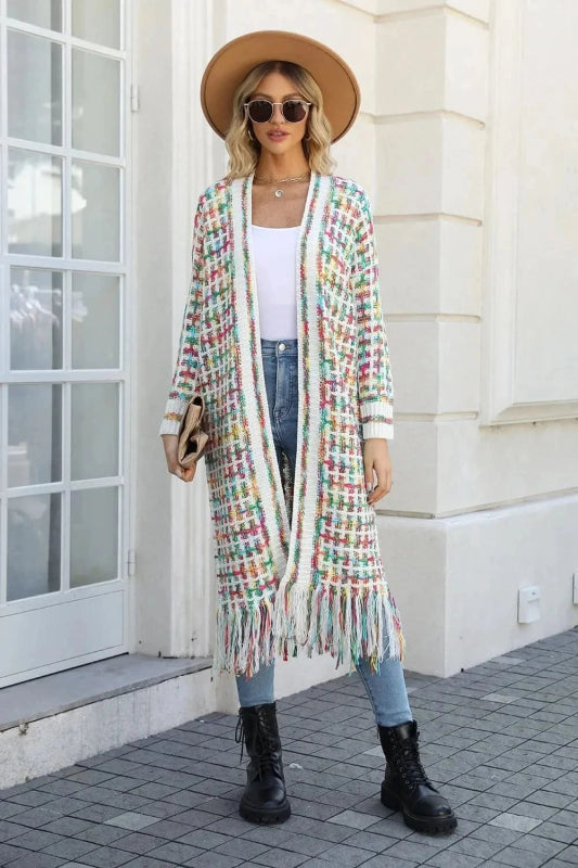 Angel Wings Full Size Multicolored Open Front Fringe Hem Cardigan - ShalayeFashion
