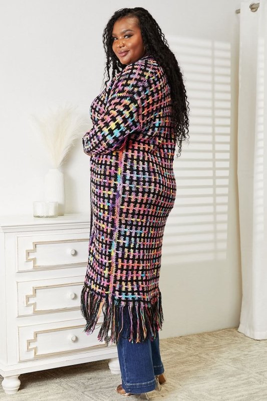 Angel Wings Full Size Multicolored Open Front Fringe Hem Cardigan - ShalayeFashion