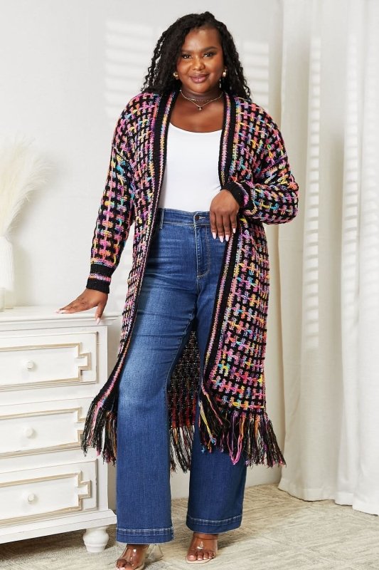 Angel Wings Full Size Multicolored Open Front Fringe Hem Cardigan - ShalayeFashion