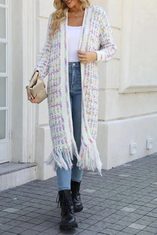 Angel Wings Full Size Multicolored Open Front Fringe Hem Cardigan - ShalayeFashion