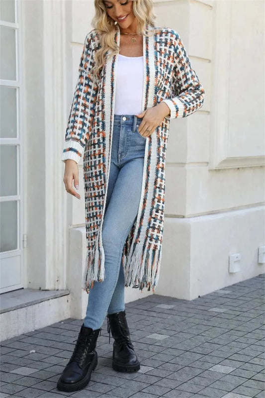 Angel Wings Full Size Multicolored Open Front Fringe Hem Cardigan - ShalayeFashion