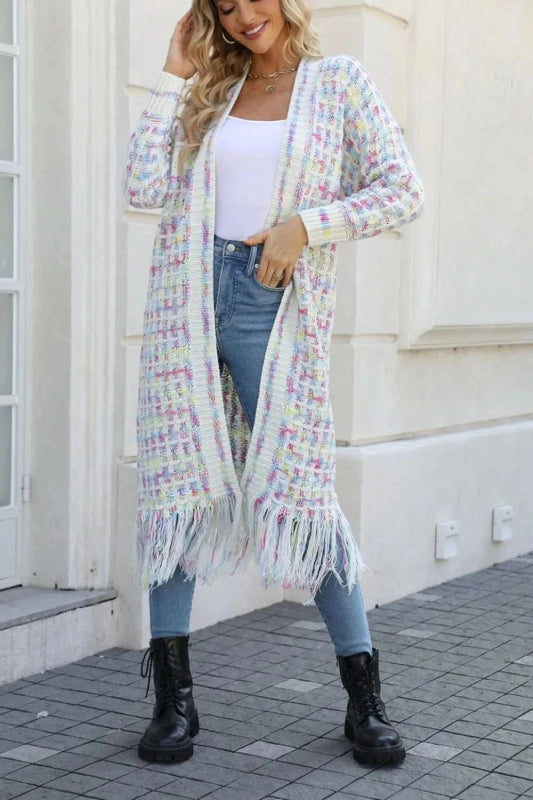 Angel Wings Full Size Multicolored Open Front Fringe Hem Cardigan - ShalayeFashion