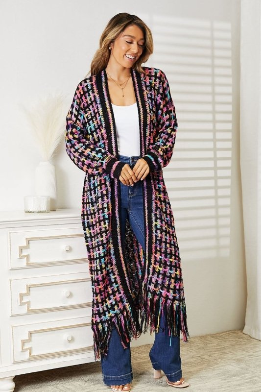 Angel Wings Full Size Multicolored Open Front Fringe Hem Cardigan - ShalayeFashion