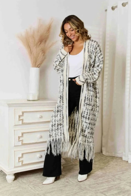 Angel Wings Full Size Multicolored Open Front Fringe Hem Cardigan - ShalayeFashion