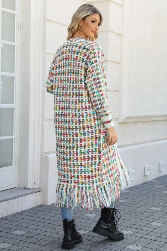 Angel Wings Full Size Multicolored Open Front Fringe Hem Cardigan - ShalayeFashion