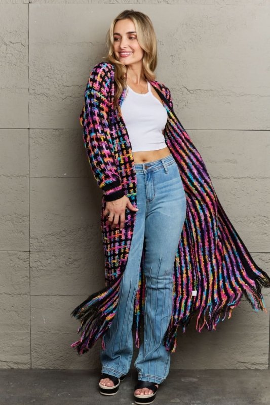 Angel Wings Full Size Multicolored Open Front Fringe Hem Cardigan - ShalayeFashion