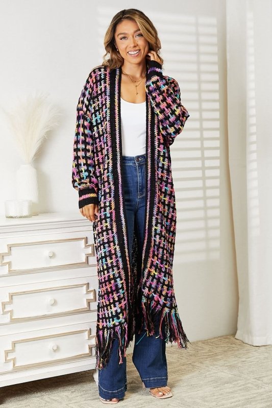 Angel Wings Full Size Multicolored Open Front Fringe Hem Cardigan - ShalayeFashion