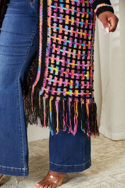 Angel Wings Full Size Multicolored Open Front Fringe Hem Cardigan - ShalayeFashion