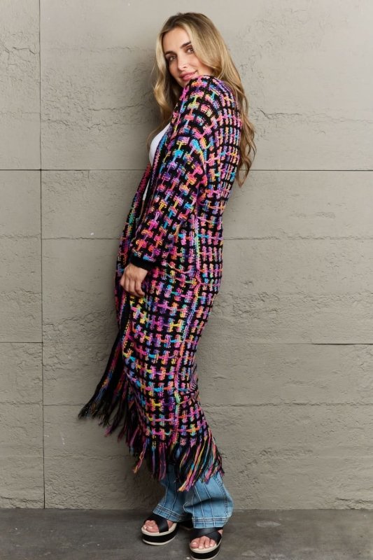 Angel Wings Full Size Multicolored Open Front Fringe Hem Cardigan - ShalayeFashion