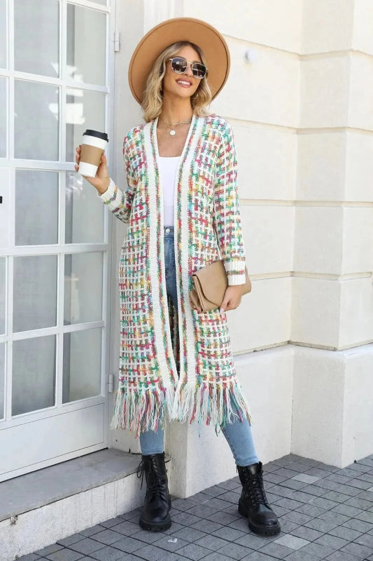 Angel Wings Full Size Multicolored Open Front Fringe Hem Cardigan - ShalayeFashion