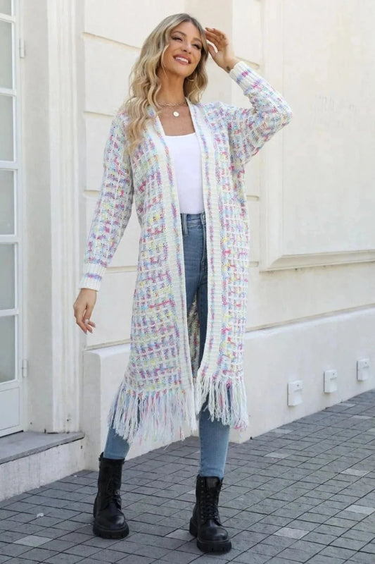 Angel Wings Full Size Multicolored Open Front Fringe Hem Cardigan - ShalayeFashion