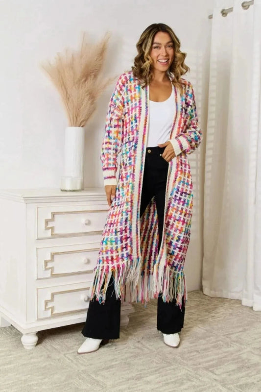Angel Wings Full Size Multicolored Open Front Fringe Hem Cardigan - ShalayeFashion