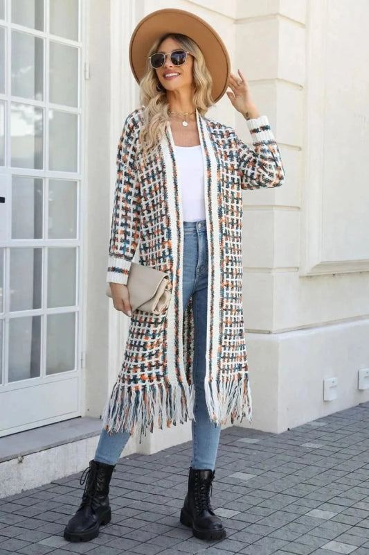 Angel Wings Full Size Multicolored Open Front Fringe Hem Cardigan - ShalayeFashion