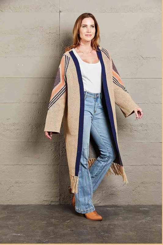 Angel Wings Geometric Fringe Hem Open Front Duster Cardigan - ShalayeFashion