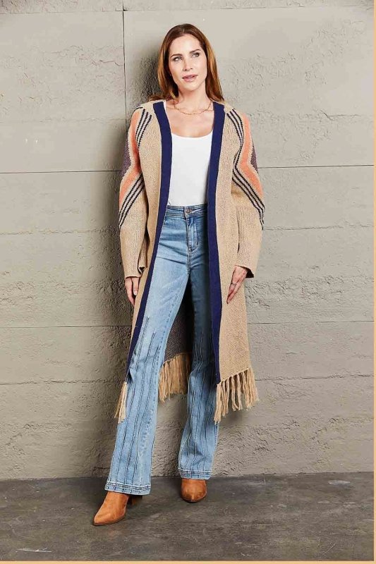 Angel Wings Geometric Fringe Hem Open Front Duster Cardigan - ShalayeFashion