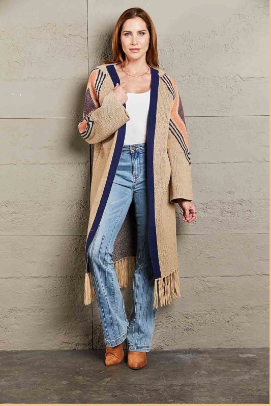 Angel Wings Geometric Fringe Hem Open Front Duster Cardigan - ShalayeFashion