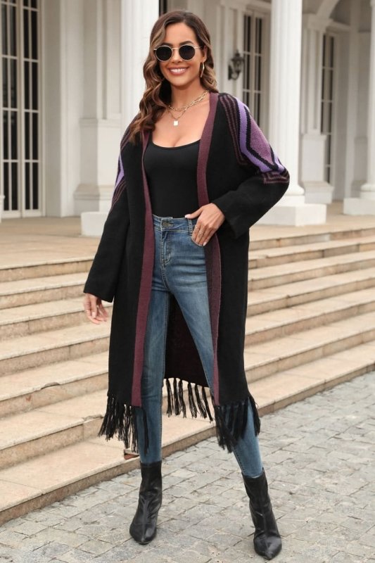 Angel Wings Geometric Fringe Hem Open Front Duster Cardigan - ShalayeFashion