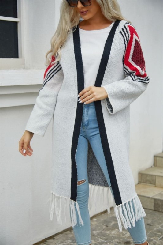 Angel Wings Geometric Fringe Hem Open Front Duster Cardigan - ShalayeFashion