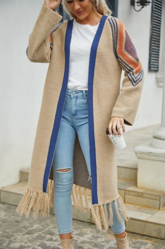 Angel Wings Geometric Fringe Hem Open Front Duster Cardigan - ShalayeFashion