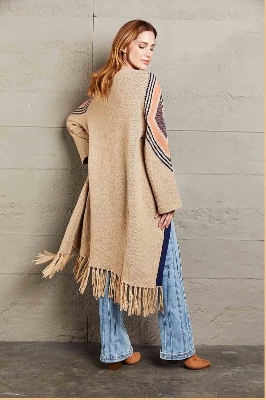 Angel Wings Geometric Fringe Hem Open Front Duster Cardigan - ShalayeFashion