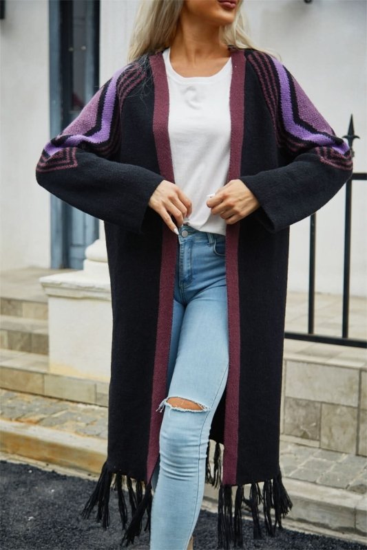 Angel Wings Geometric Fringe Hem Open Front Duster Cardigan - ShalayeFashion