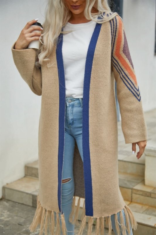 Angel Wings Geometric Fringe Hem Open Front Duster Cardigan - ShalayeFashion