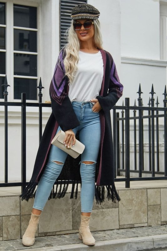 Angel Wings Geometric Fringe Hem Open Front Duster Cardigan - ShalayeFashion