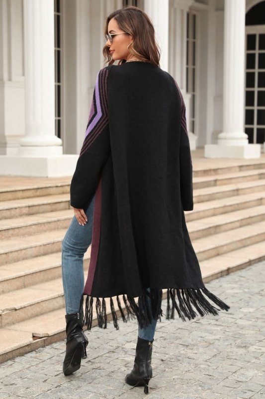 Angel Wings Geometric Fringe Hem Open Front Duster Cardigan - ShalayeFashion